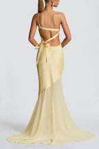 Fable Satin One Shoulder Back Adjustable Straps Contrast Chiffon Hem Maxi Dress