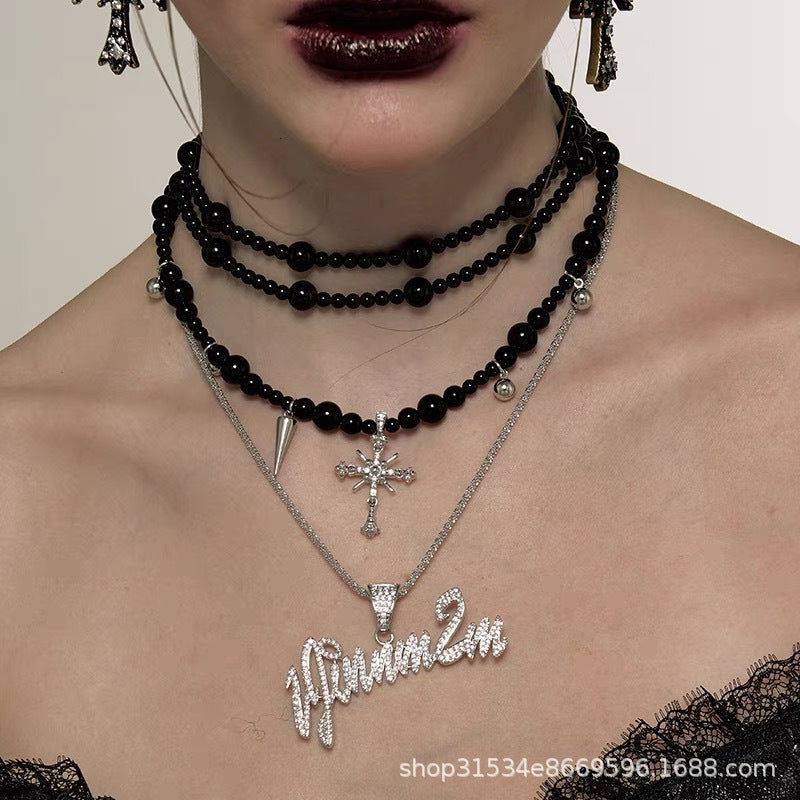 Dark Gothic Cross Beaded Multilayer Sweater Necklace