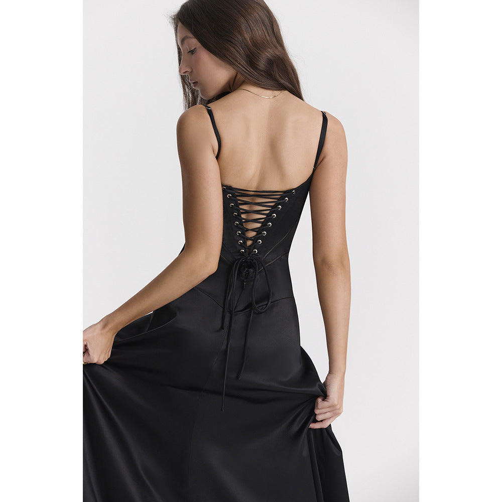 Square Neck Pintuck Trim Lace Up Back Satin Slip Maxi Dress - Black