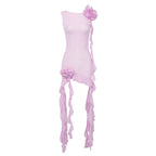 Pink Semi Transparent Lace Net Yarn Floral Ribbon round Neck Backless Dress Vacation Dress