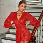 Christmas Beaded Dress Waist Controlled Tied V neck 3 4 Sleeve