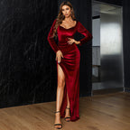 Solid Color Long Sleeve Nightclub Slim Toast Dress Banquet Split Evening Formal Gown