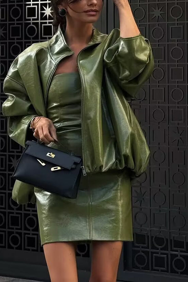 Solid Color Loose Long Sleeve Pocket Casual Leather Jacket