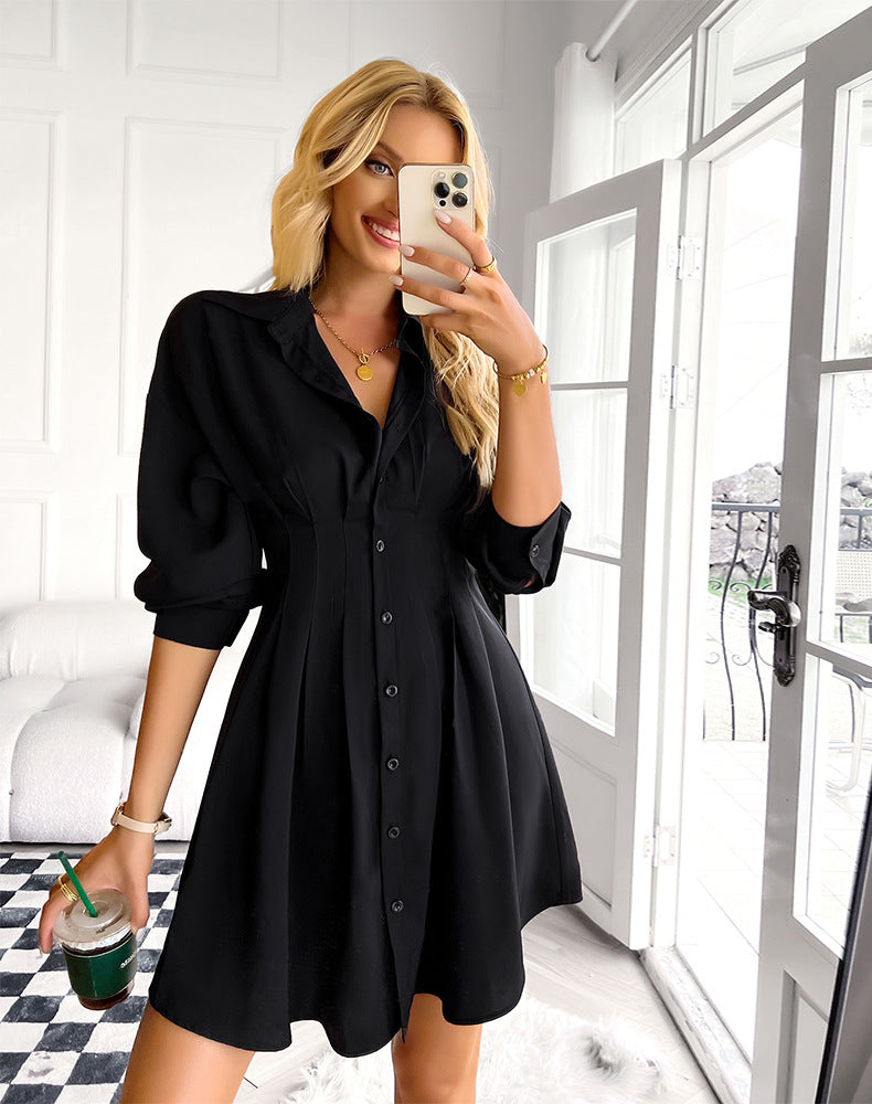 Sarabeth Pintuck Button Down Shirt Dress Black