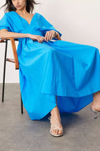 Antibes Linen Blend Princess Line Pleated Wide Puff Sleeve Midi Dress