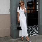 Elegant Deep V Plunge neck Low Cut Women Bubble Sleeve Bow Tie Dress Slim High Waist Draped Dress