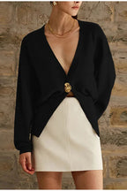 Only Yours Knit Metal Leaf Shape Button Lantern Sleeve Relaxed Cardigan