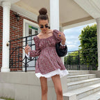 Printed Dress Puff Sleeve Square Collar Slimming A line Dress Floral Dress