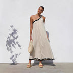 Oblique Shoulder Lace Vacation Long Dress