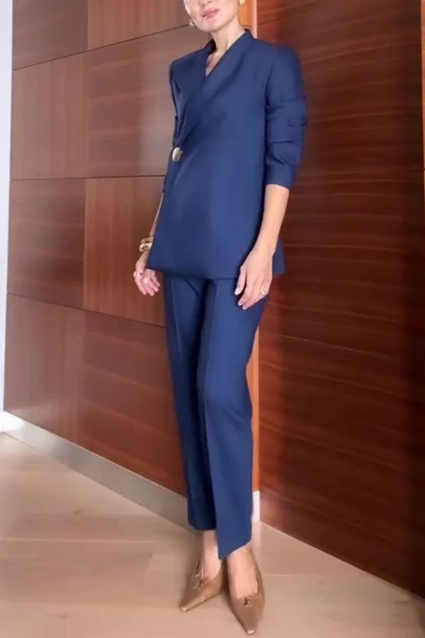 Elegant Women’s Navy Blue Pantsuit – Slim Fit Blazer with Asymmetric Button and Tailored Trousers for Business Office Wear