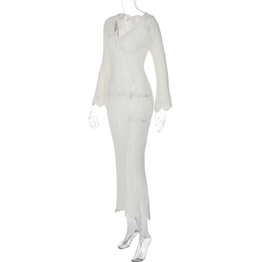Solid Color Woolen Dress Long Sleeve U Collar Slim Fit Dress