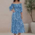 Ladies' Vacation Flower Street Elegant Printed Off Shoulder Waist Pocket Long Dress