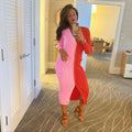 Abril Colorblock Button Front Knit Midi Dress Red Tan