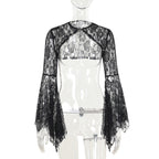 Autumn Elegant Lace Batwing Sleeve Irregular Asymmetric Overhaul Waistcoat Top Women