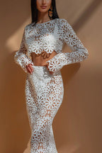 Balmy Summers Crochet Lace Floral Pattern Elastic Waist Fishtail Vacation Maxi Skirt