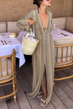 Eleanor Knit Colorful Wave Unique Print Shirt U-neck Long Sleeve Slit Maxi Dress