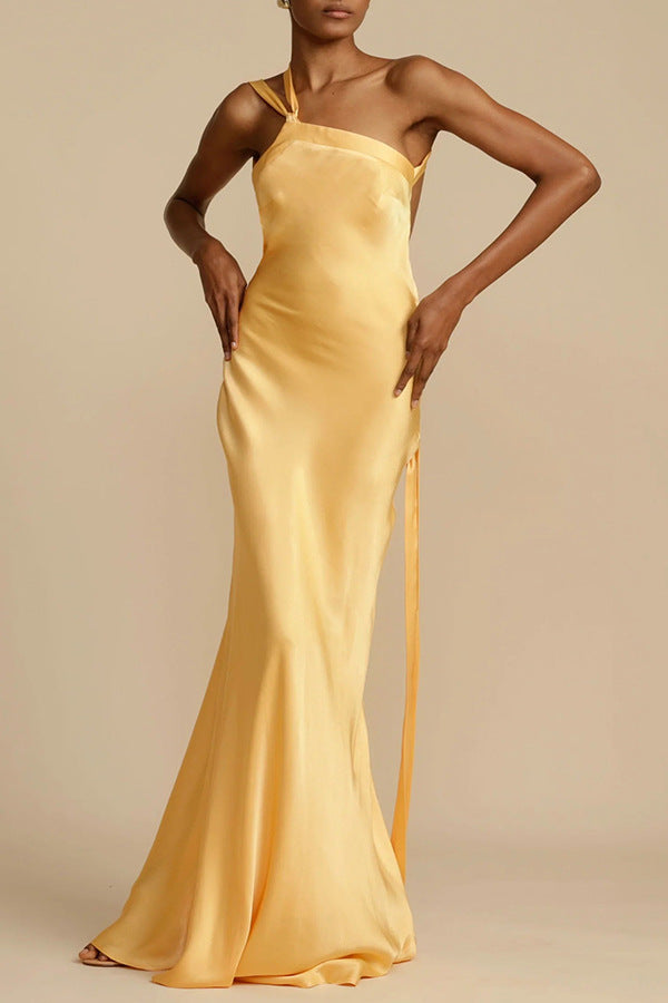 Spring and summer new party oblique shoulder slim dress INS casual elegant party fashion satin dress