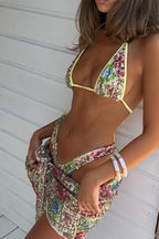 Stylish Sequined Halter Neck Tie Two-piece Stretch Bikini Swimsuit and Beach Cover-up Mini Skirt Set