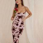 Strap Backless Rose Printed Dress Vacation Slim Fit Lace up Dress