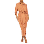Essence Satin Tie Front Midi Shirt Dress Orange