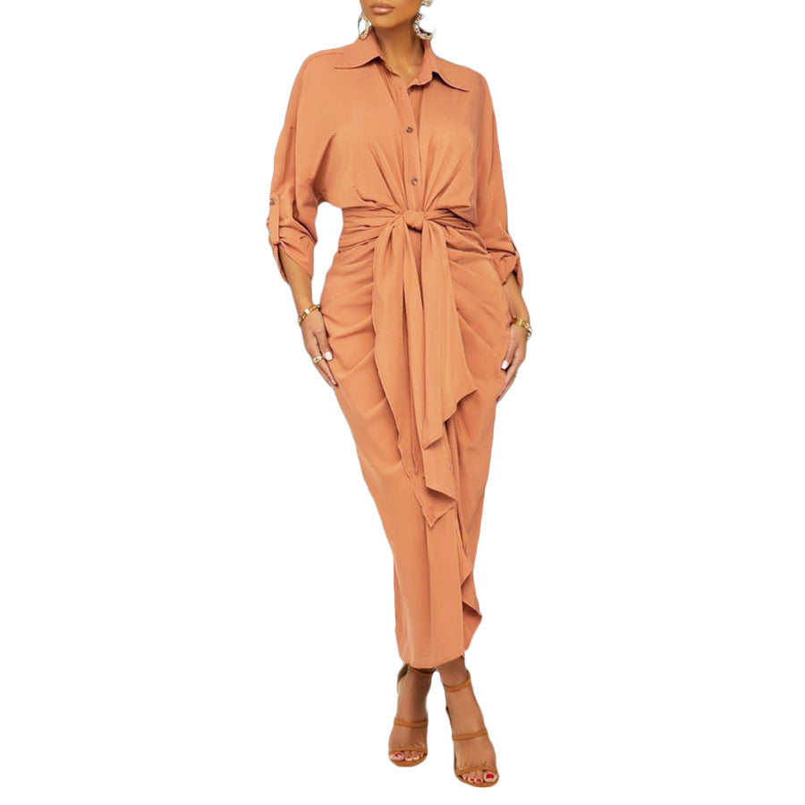 Essence Satin Tie Front Midi Shirt Dress Orange