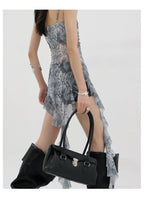 Black Asymmetric Ribbon Strap Tank Top With Ruffle Edge Design