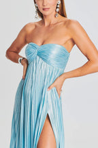 Metallic Sexy Tube Top Pleated High Slit Maxi Dress