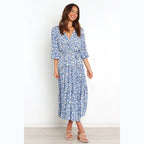 Floral Fresh Sweet Mid - Sleeve V neck Dress