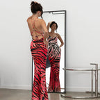 Backless Lace up Gradient Spaghetti Strap Floral Print Dress Maxi for
