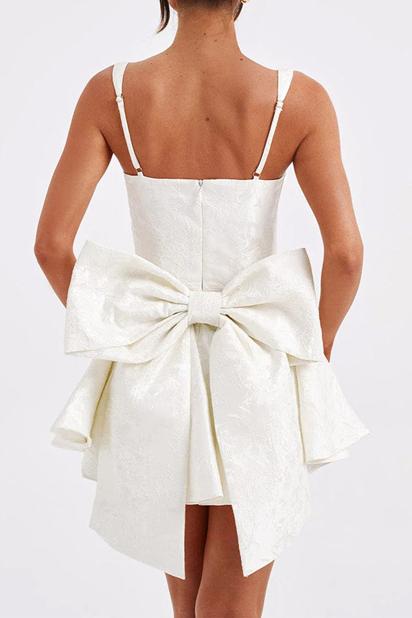 Jacquard Fabric Halter Back Elegant Bow Slim Fit Mini Dress