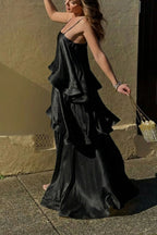 Soft and Smooth Satin Tiered Slip Square Neck A-line Maxi Dress