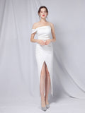Line shoulder slim banquet evening dress