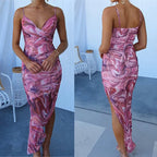 Spring and summer new sling fishtail print dress INS casual backless zipper holiday party women's dress