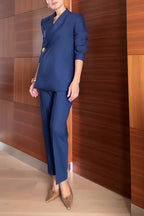 Elegant Women’s Navy Blue Pantsuit – Slim Fit Blazer with Asymmetric Button and Tailored Trousers for Business Office Wear