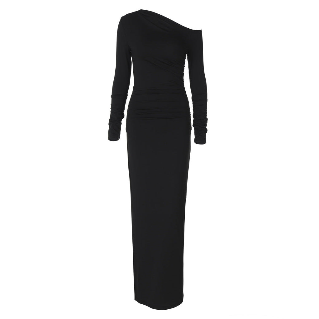 Solid Color Sloping Exposed Shoulder Long Sleeve Office Maxi Dress