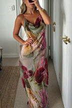 Floral Print Sexy Backless Slit See-Through Holiday Maxi Dress