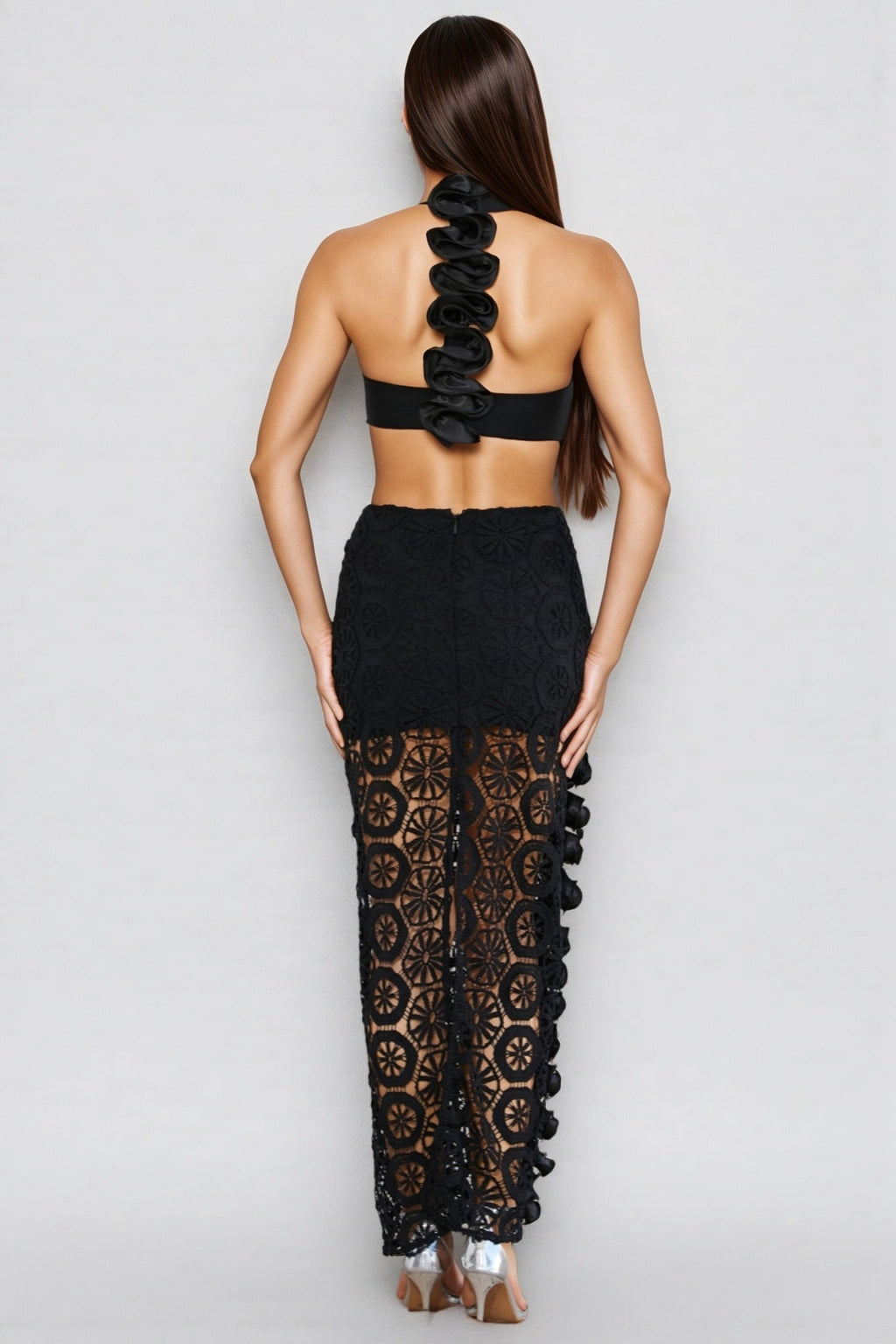 Yanld Black 3D Lace Ruffled Maxi Dress