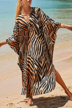 Simple Unique Printed Pleated Front Slit Cover Up