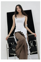Black Asymmetric Ribbon Strap Tank Top With Ruffle Edge Design