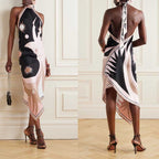 Satin Unique Print Halter Neck Backless Irregular Vacation Midi Dress