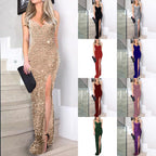 A Halter Sequined Slit Dress