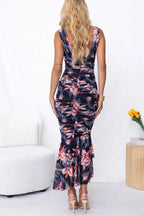 Styled To Perfection Floral Ruched Mesh Overlay Ruffle Hem Maxi Dress