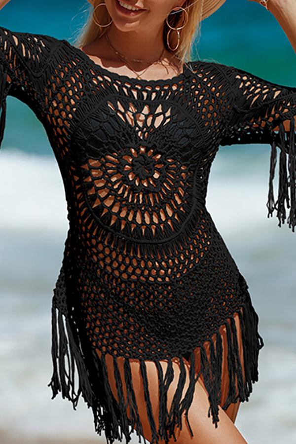 Unique Pattern Knitted Cutout Crew Neck Short Sleeved Cover Up