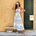 Natividad Statement Women's Floral Motif Maxi Dress with Adjustable Straps and Elastic Waistband Premium Wardrobe Essential