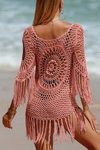 Unique Pattern Knitted Cutout Crew Neck Short Sleeved Cover Up
