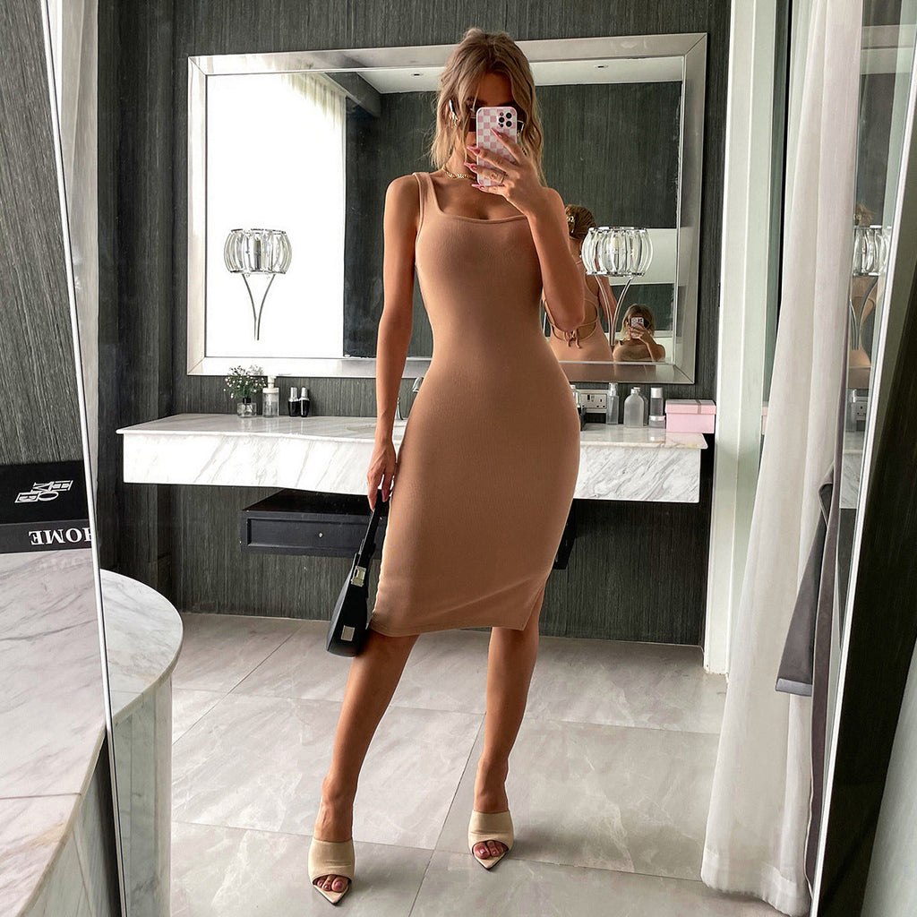 Sheldon Cotton Blend Sleeveless Ribbed Midi Dress Camel