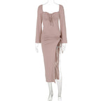 Long Sleeve Lace Up Slim Fit Backless Hollow Out Cutout Split Dress