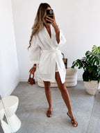 Penni Satin Balloon Sleeve Wrap Dress Ivory