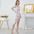 Floral Print off Neck High Waist Slit Dress