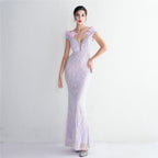 High Density Three Dimensional Strong Sequin Positioning Floral Craft Handmade Wool Cocktail Slim Fit Evening Dress